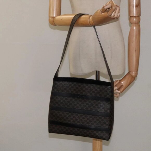 CELINE Macadam Canvas Shoulder Bag PVC Leather Black Gold Auth - Picture 1 of 16